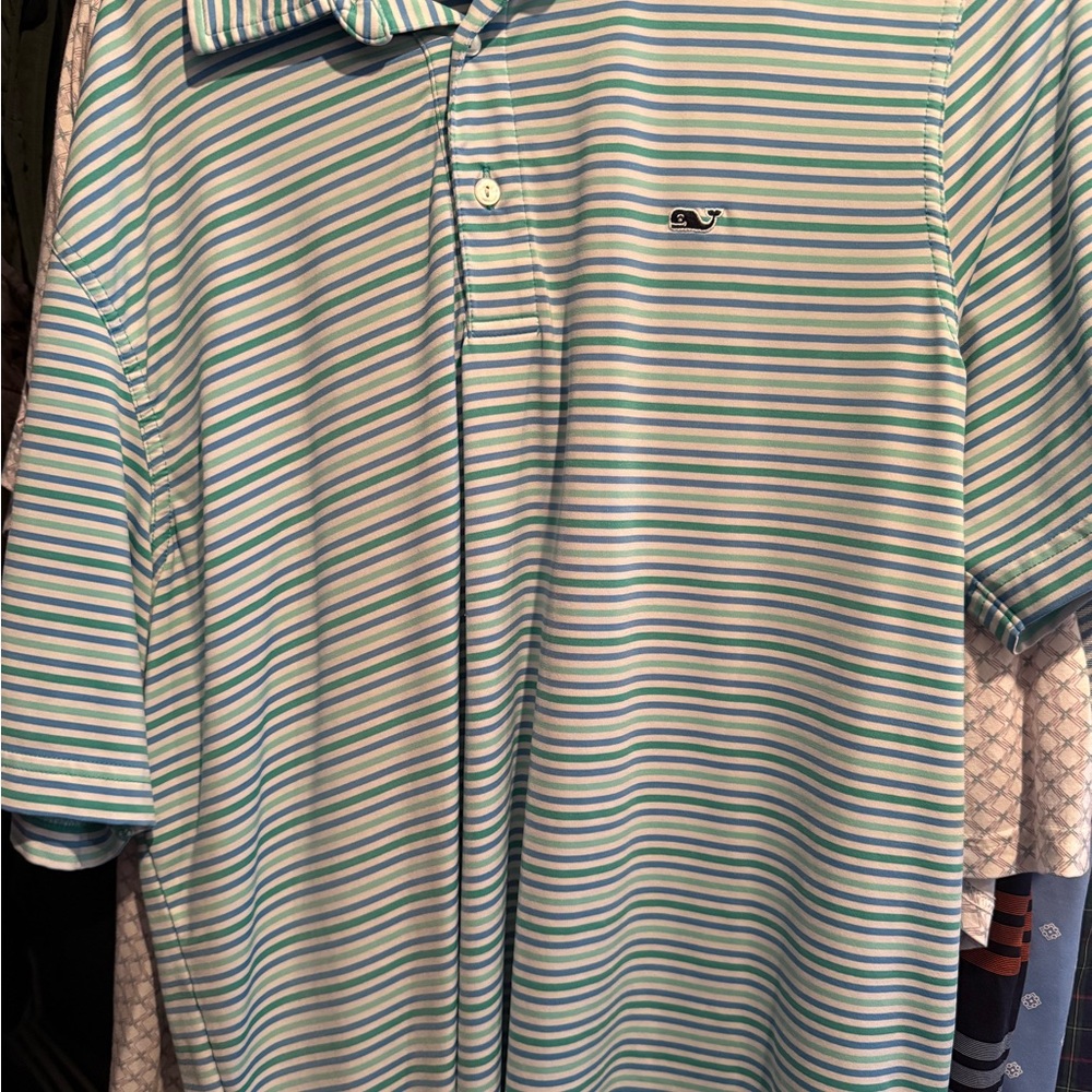 Vineyard Vines Men's Polo - Green Blue and White Stripes